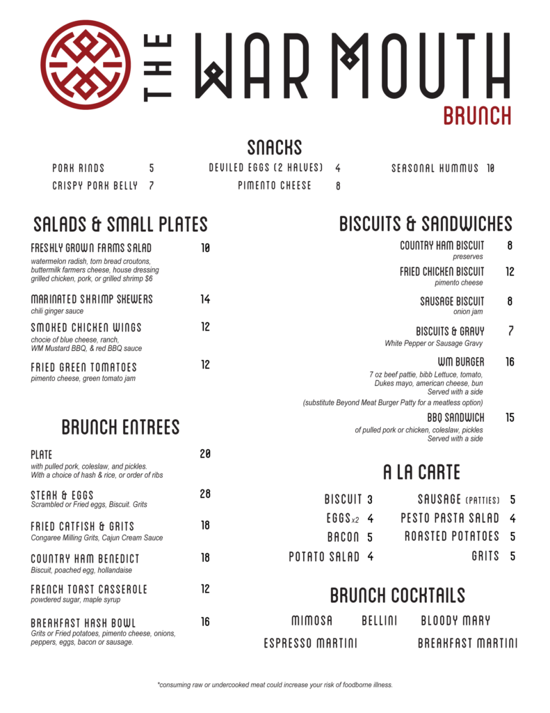 The War Mouth Sunday Brunch Menu