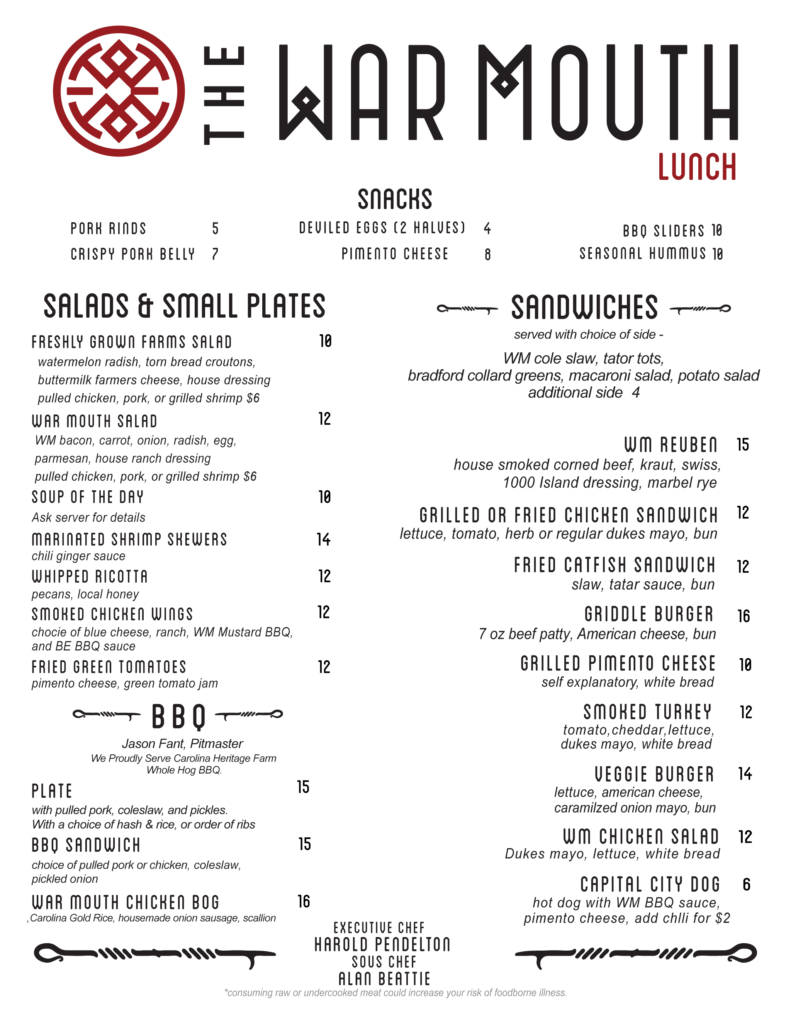 The War Mouth Lunch Menu